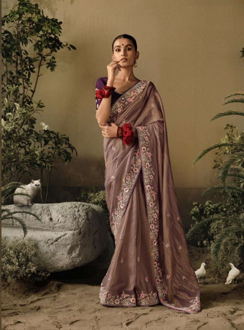 INDIAN DESIGNER FANCY WEDDING PARTY WEAR BROWN PURE SILK SAREE WITH SEQUENCE AND STONE WORK SM KIM SAWARIYA 5303