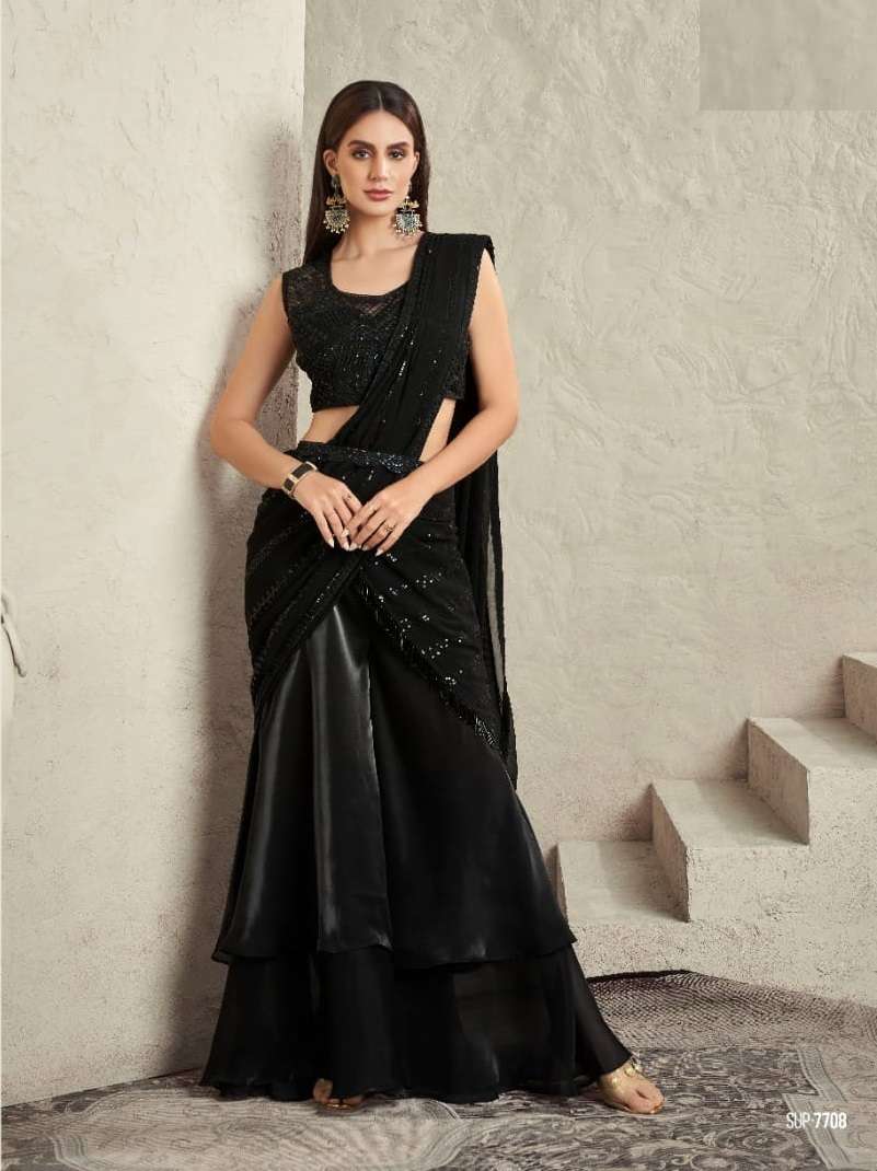 INDIAN DESIGNER FANCY WEDDING PARTY WEAR FANCY BLACK SILK SAREE WITH SEQUENCE AND EMBROIDERY WORK SM TFH 7708