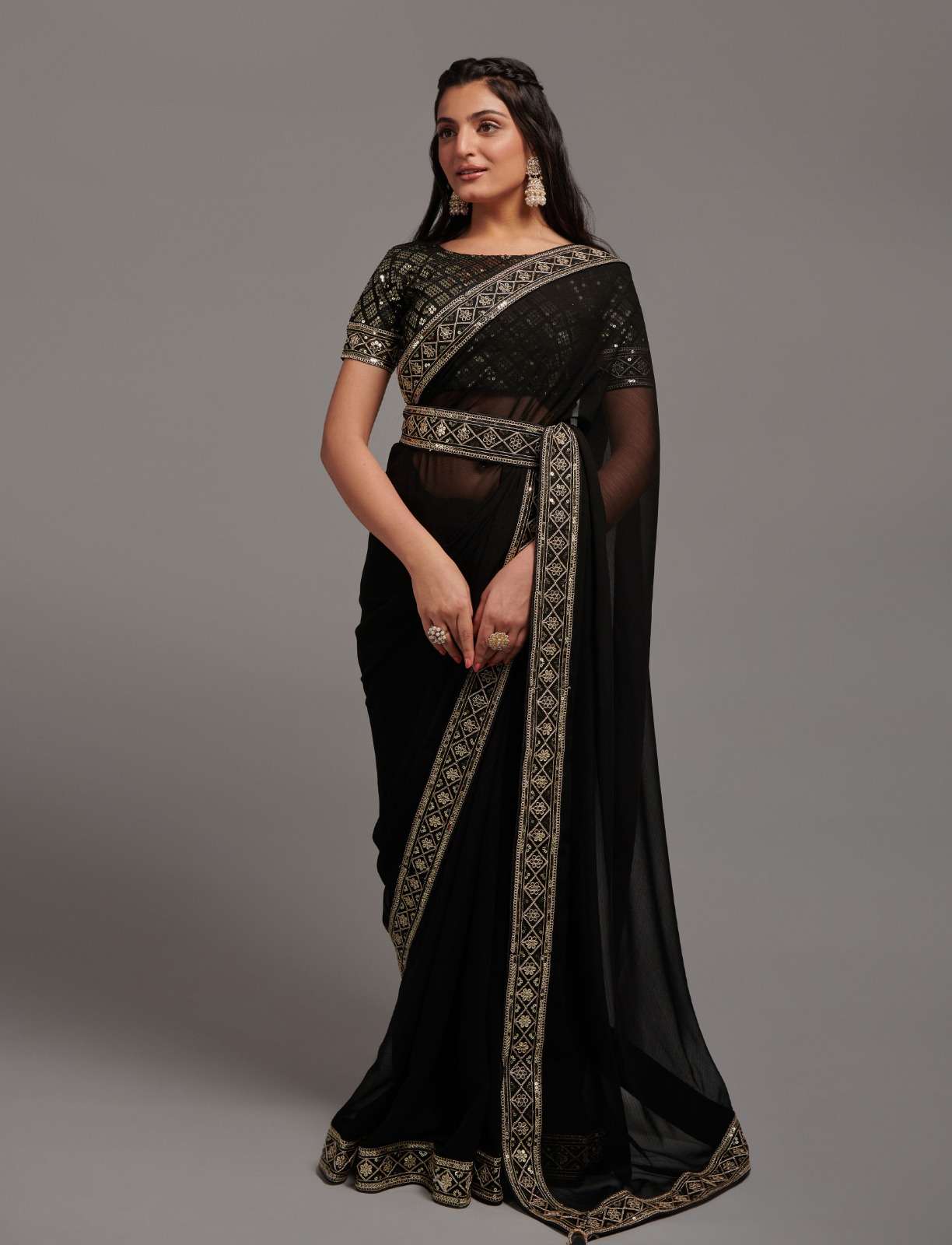 INDIAN DESIGNER FANCY WEDDING PARTY WEAR FANCY CHINON SILK BLACK SAREE WITH SEQUENCE WORK PC 23 1