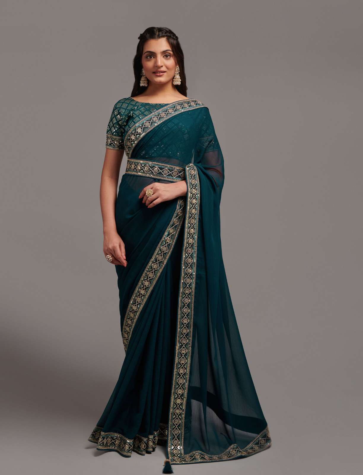 INDIAN DESIGNER FANCY WEDDING PARTY WEAR FANCY CHINON SILK BLUE SAREE WITH SEQUENCE WORK PC 23 2