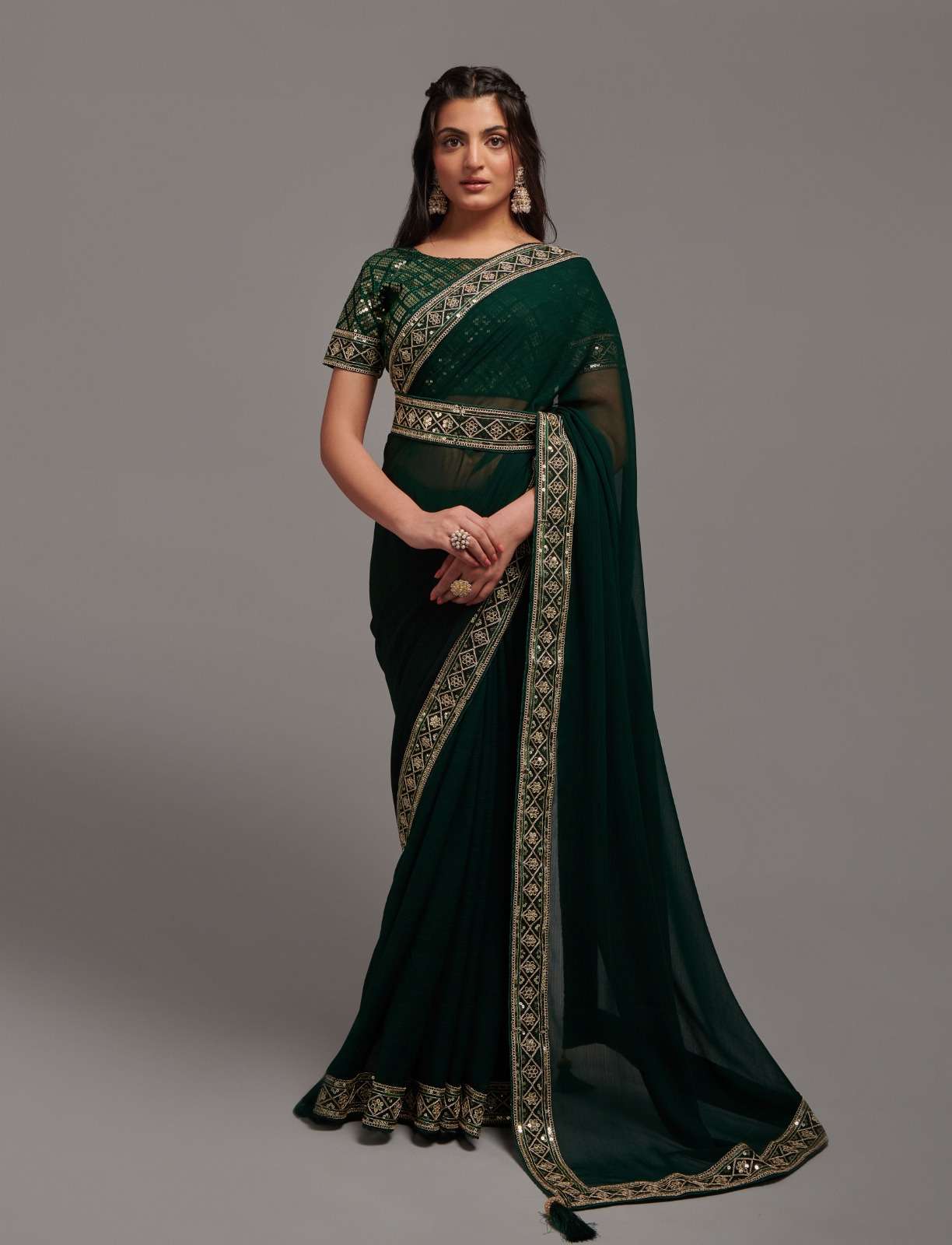 INDIAN DESIGNER FANCY WEDDING PARTY WEAR FANCY CHINON SILK GREEN SAREE WITH SEQUENCE WORK PC 23 3