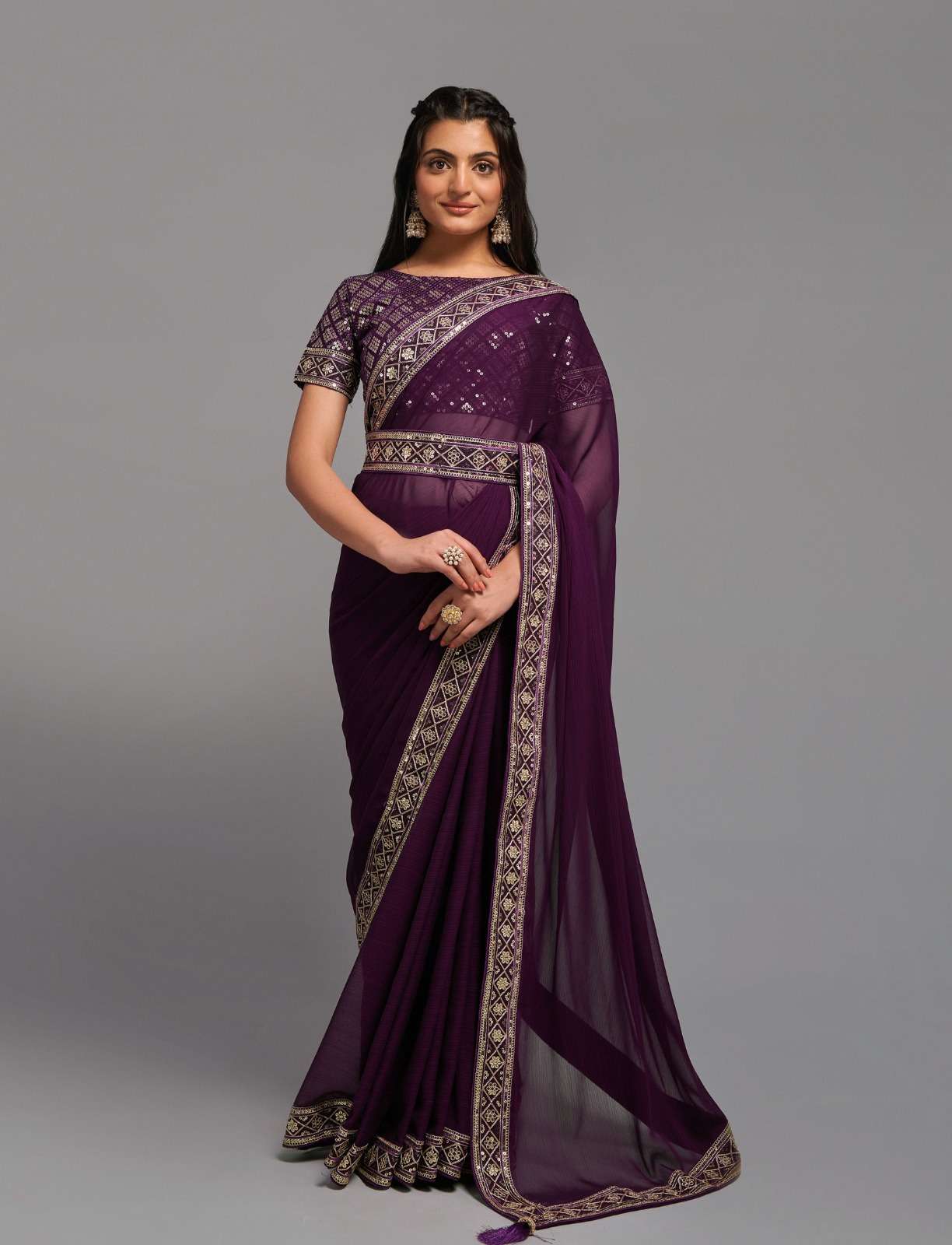 INDIAN DESIGNER FANCY WEDDING PARTY WEAR FANCY CHINON SILK WINE SAREE WITH SEQUENCE WORK PC 23 4