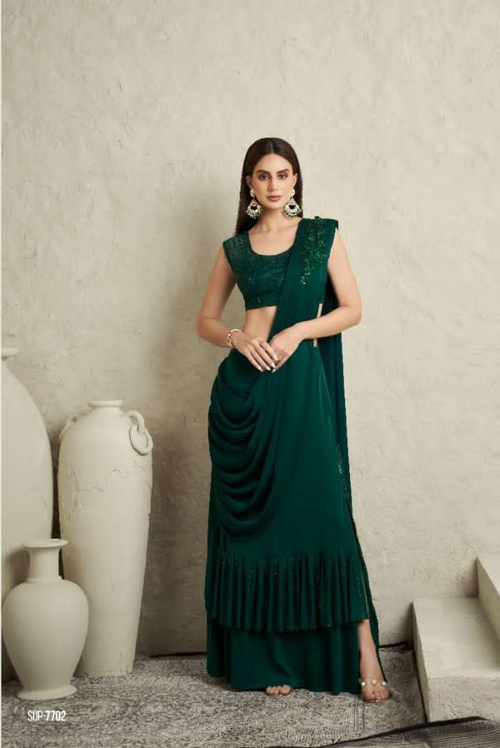 INDIAN DESIGNER FANCY WEDDING PARTY WEAR FANCY GREEN SILK SAREE WITH SEQUENCE AND EMBROIDERY WORK SM TFH 7702