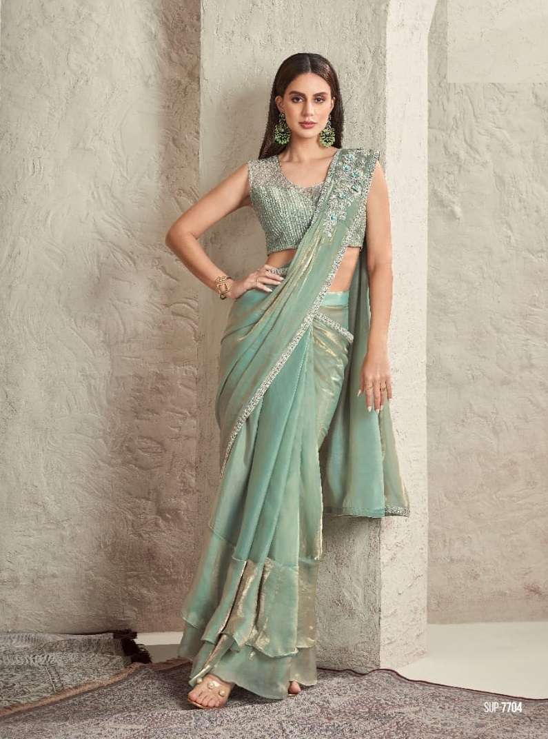 INDIAN DESIGNER FANCY WEDDING PARTY WEAR FANCY GREEN SILK SAREE WITH SEQUENCE AND EMBROIDERY WORK SM TFH 7704