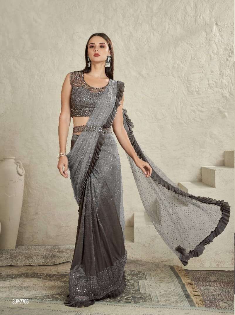 INDIAN DESIGNER FANCY WEDDING PARTY WEAR FANCY GREY SILK SAREE WITH SEQUENCE AND EMBROIDERY WORK SM TFH 7705
