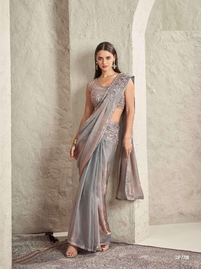 INDIAN DESIGNER FANCY WEDDING PARTY WEAR FANCY GREY SILK SAREE WITH SEQUENCE AND EMBROIDERY WORK SM TFH 7709