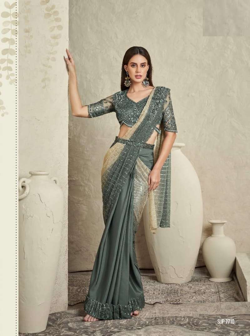 INDIAN DESIGNER FANCY WEDDING PARTY WEAR FANCY GREY SILK SAREE WITH SEQUENCE AND EMBROIDERY WORK SM TFH 7710