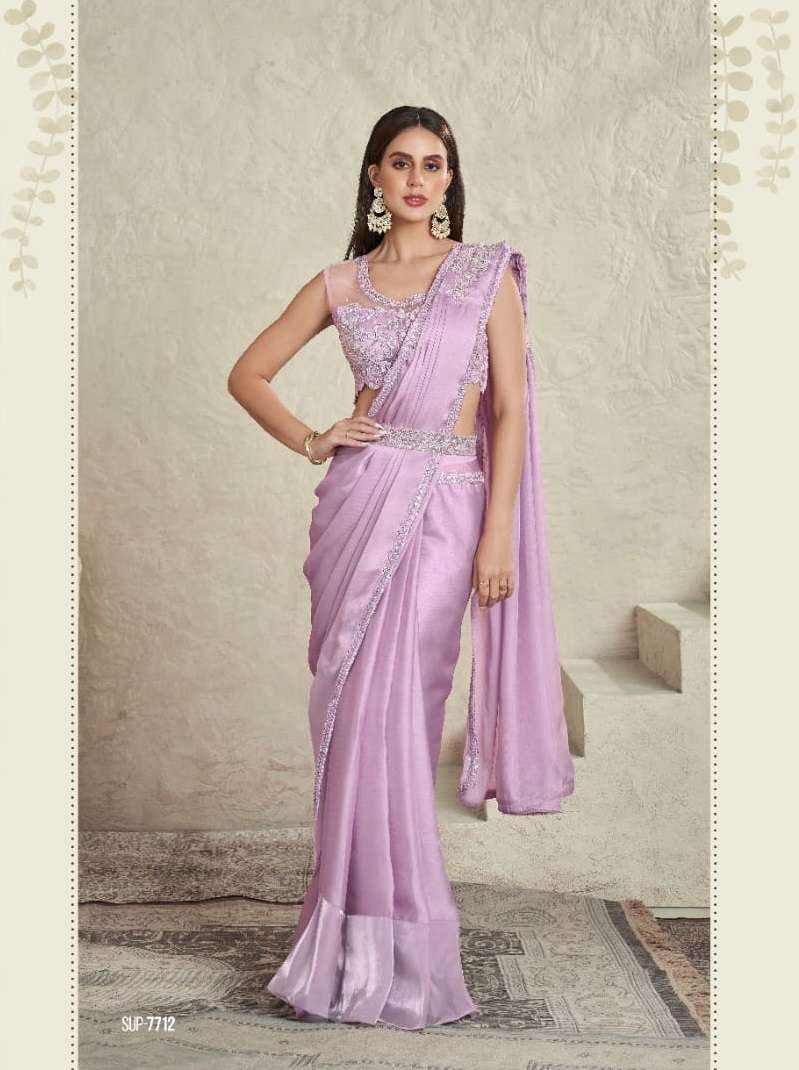 INDIAN DESIGNER FANCY WEDDING PARTY WEAR FANCY LAVENDER SILK SAREE WITH SEQUENCE AND EMBROIDERY WORK SM TFH 7712