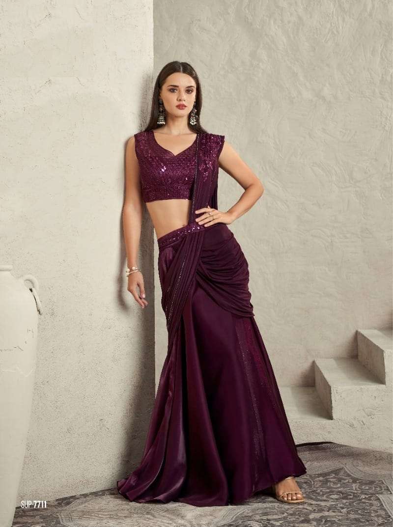 INDIAN DESIGNER FANCY WEDDING PARTY WEAR FANCY MAROON SILK SAREE WITH SEQUENCE AND EMBROIDERY WORK SM TFH 7711
