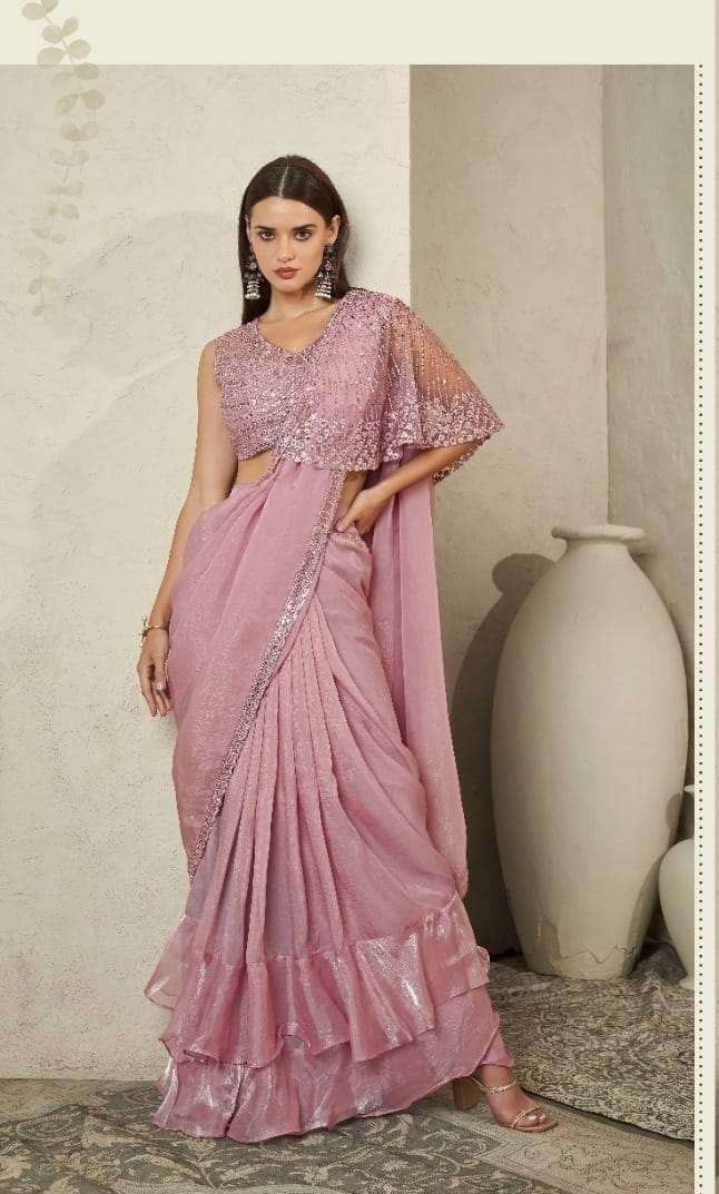 INDIAN DESIGNER FANCY WEDDING PARTY WEAR FANCY PINK SILK SAREE WITH SEQUENCE AND EMBROIDERY WORK SM TFH 7707