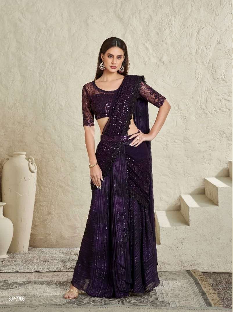 INDIAN DESIGNER FANCY WEDDING PARTY WEAR FANCY PURPLE SILK SAREE WITH SEQUENCE AND EMBROIDERY WORK SM TFH 7706