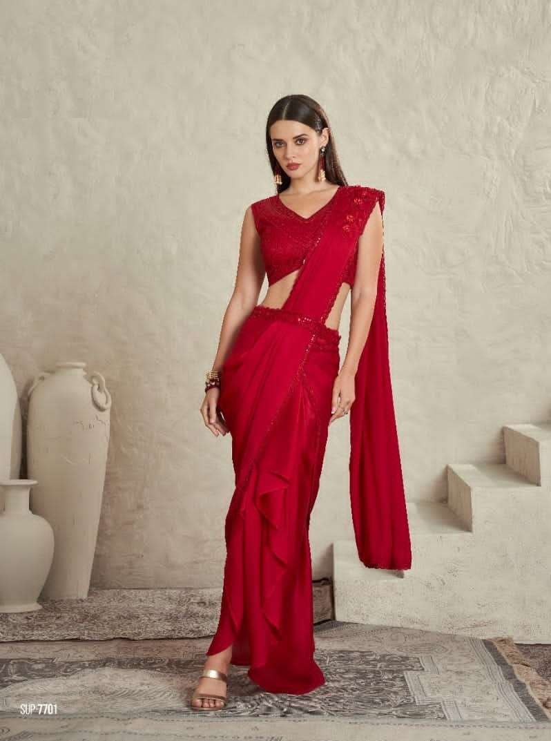 INDIAN DESIGNER FANCY WEDDING PARTY WEAR FANCY RED SILK SAREE WITH SEQUENCE AND EMBROIDERY WORK SM TFH 7701