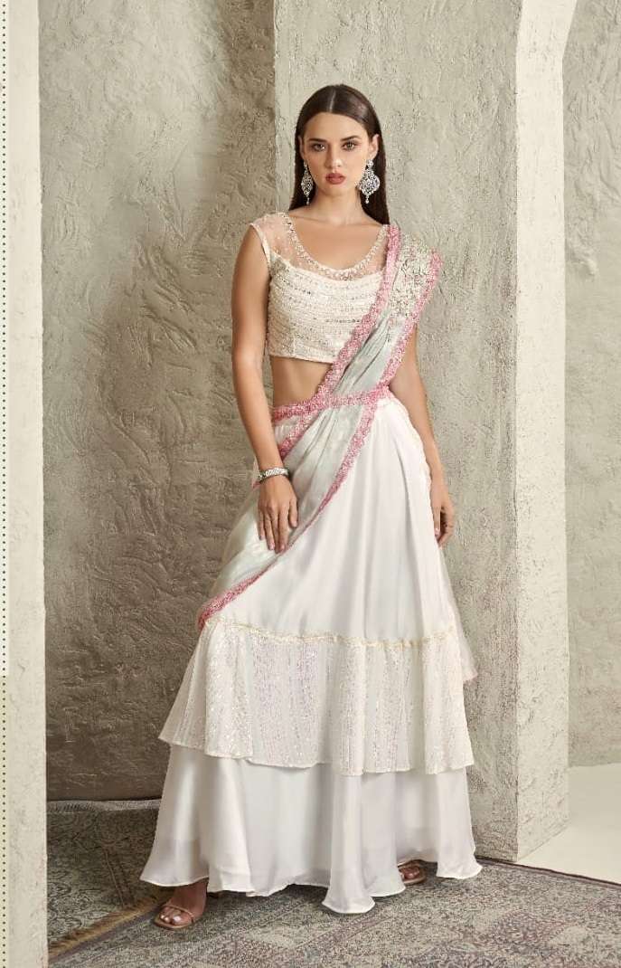 INDIAN DESIGNER FANCY WEDDING PARTY WEAR FANCY WHITE SILK SAREE WITH SEQUENCE AND EMBROIDERY WORK SM TFH 7703