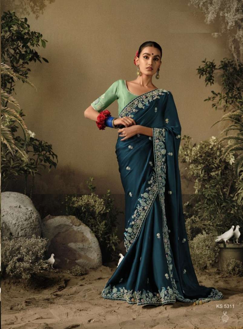 INDIAN DESIGNER FANCY WEDDING PARTY WEAR GREEN BLUE PURE SILK SAREE WITH SEQUENCE AND STONE WORK SM KIM SAWARIYA 5311