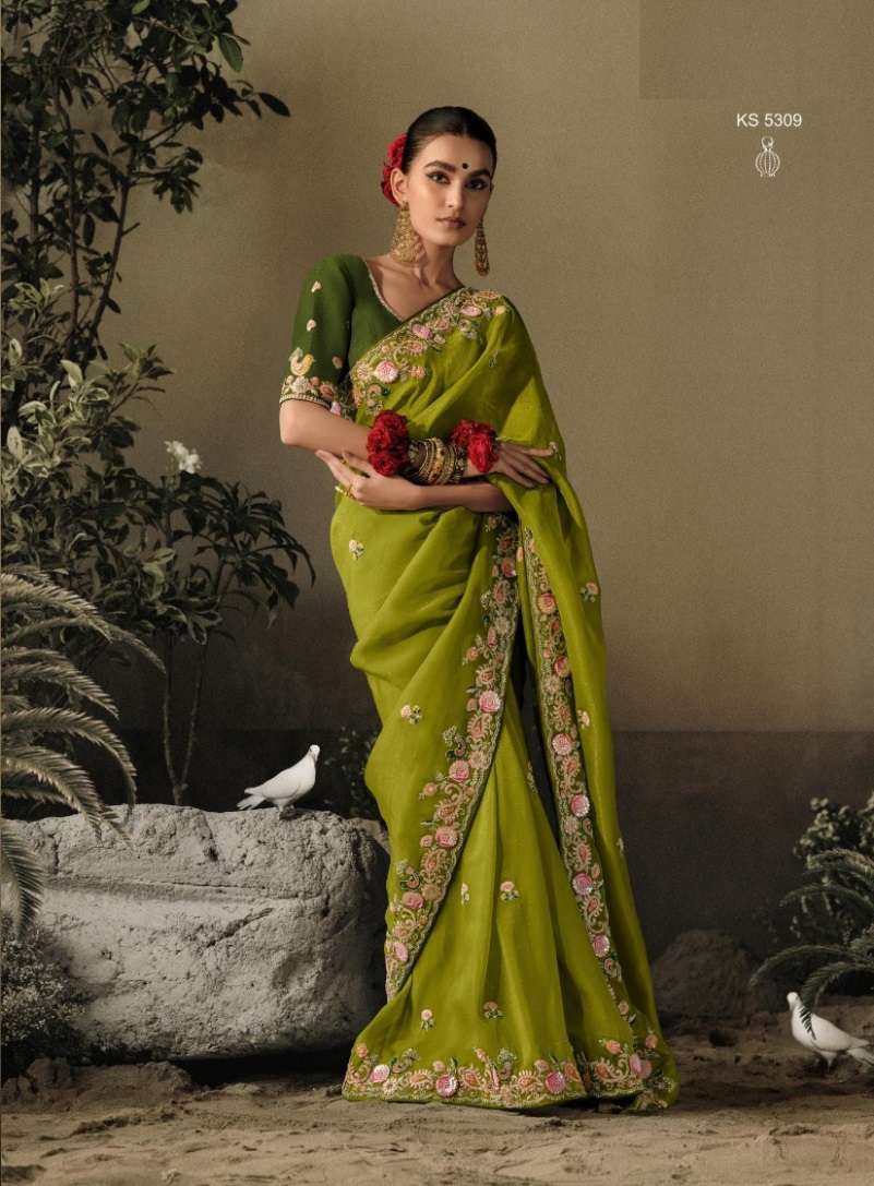 INDIAN DESIGNER FANCY WEDDING PARTY WEAR GREEN PURE SILK SAREE WITH SEQUENCE AND STONE WORK SM KIM SAWARIYA 5309