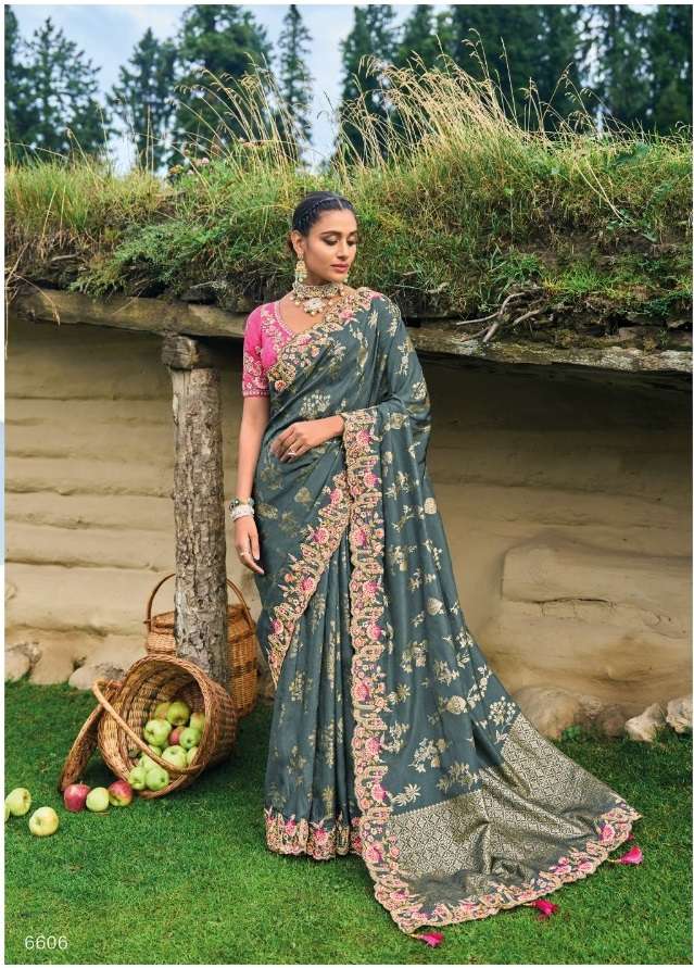 INDIAN DESIGNER FANCY WEDDING PARTY WEAR GREY PURE SILK SAREE SM TATHASTU 6606