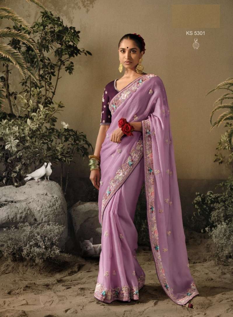 INDIAN DESIGNER FANCY WEDDING PARTY WEAR LAVENDER PURE SILK SAREE WITH SEQUENCE AND STONE WORK SM KIM SAWARIYA 5301