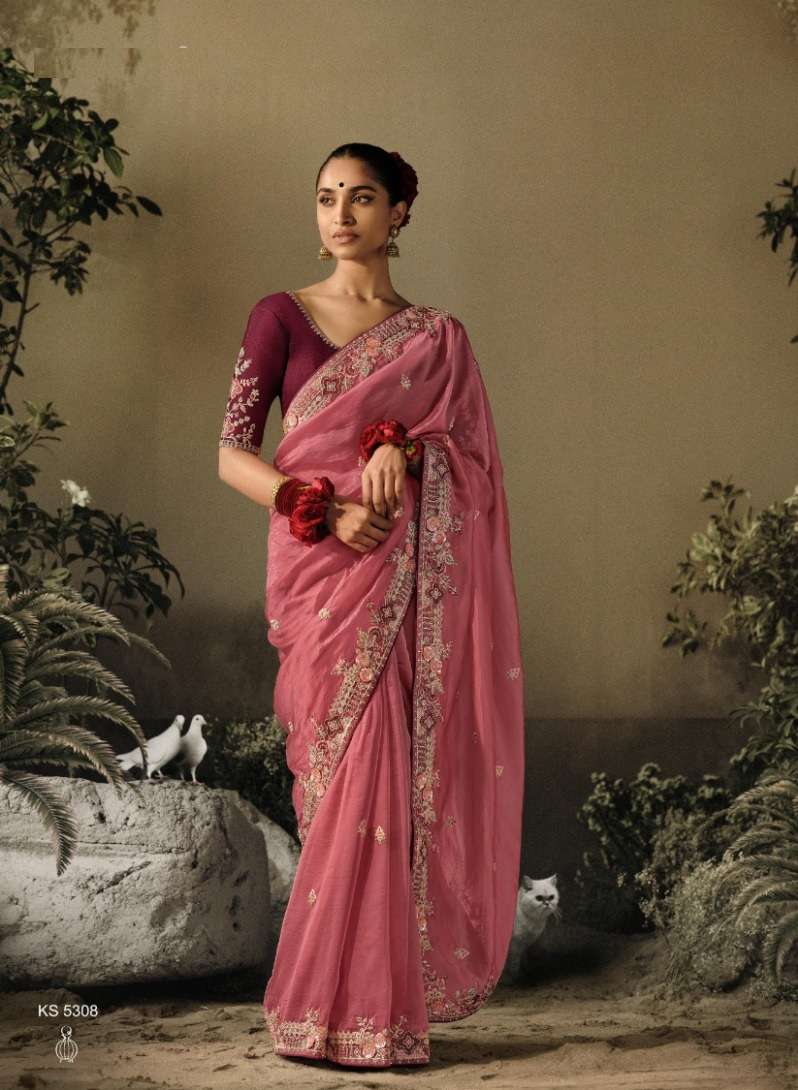 INDIAN DESIGNER FANCY WEDDING PARTY WEAR PINK PURE SILK SAREE WITH SEQUENCE AND STONE WORK SM KIM SAWARIYA 5308