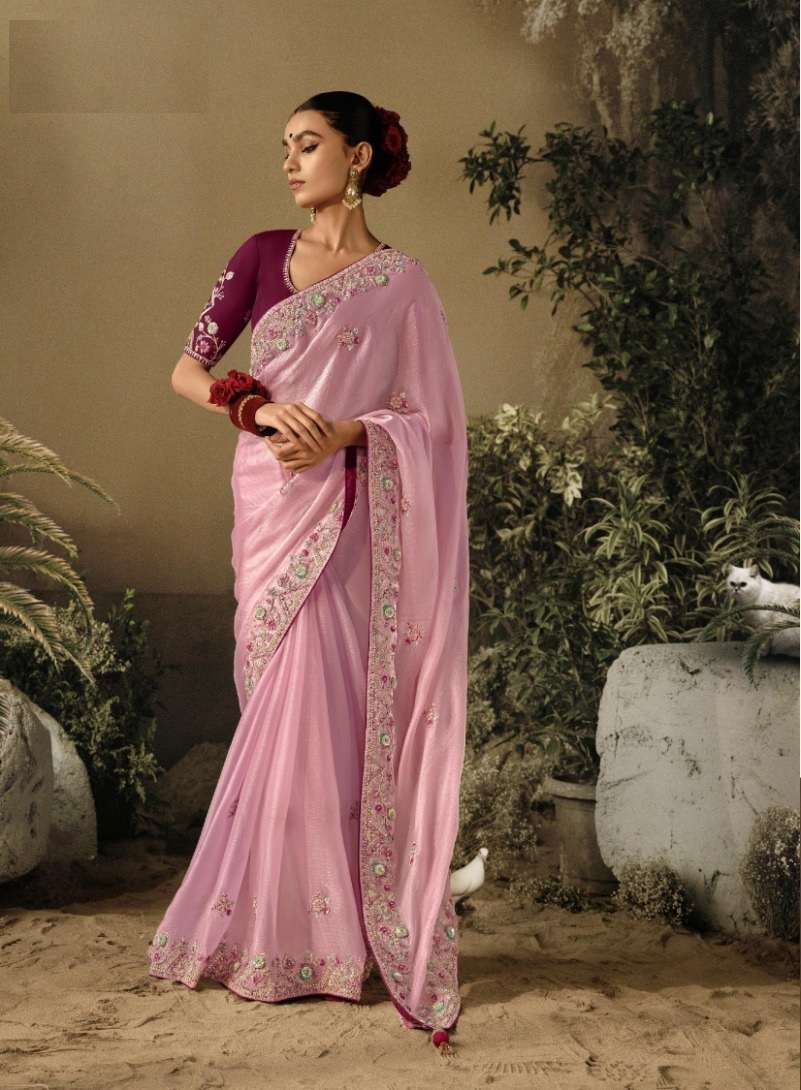 INDIAN DESIGNER FANCY WEDDING PARTY WEAR PINK PURE SILK SAREE WITH SEQUENCE AND STONE WORK SM KIM SAWARIYA 5310