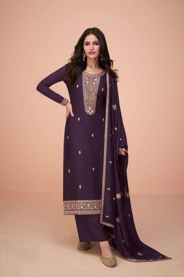 INDIAN DESIGNER FANCY WEDDING PARTY WEAR PURPLE PREMIUM SILK STRAIGHT SALWAR SUIT 9730