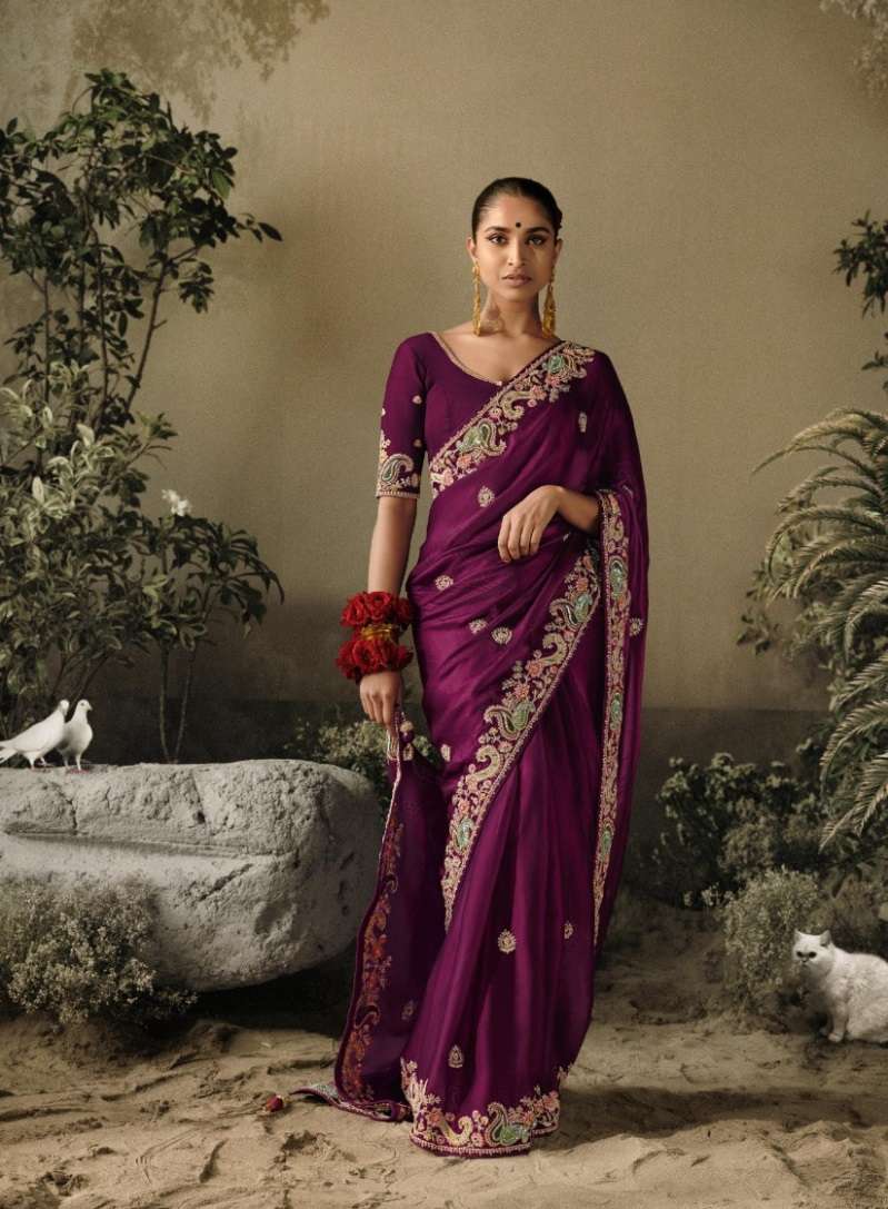 INDIAN DESIGNER FANCY WEDDING PARTY WEAR PURPLE PURE SILK SAREE WITH SEQUENCE AND STONE WORK SM KIM SAWARIYA 5305