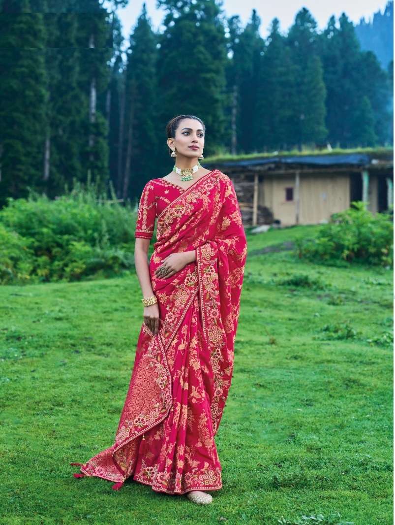 INDIAN DESIGNER FANCY WEDDING PARTY WEAR RED PURE SILK SAREE SM TATHASTU 6604