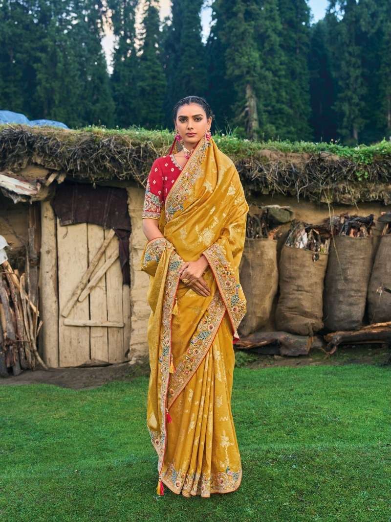 INDIAN DESIGNER FANCY WEDDING PARTY WEAR YELLOW PURE SILK SAREE SM TATHASTU 6602