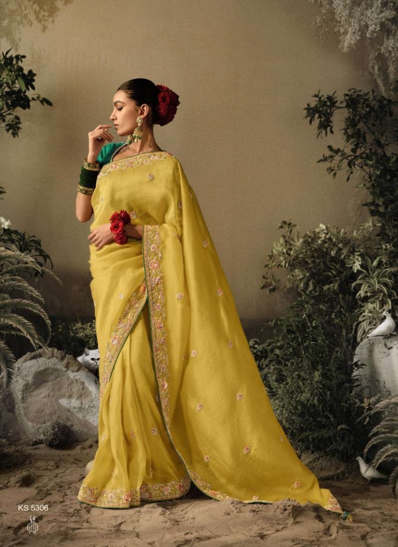 INDIAN DESIGNER FANCY WEDDING PARTY WEAR YELLOW PURE SILK SAREE WITH SEQUENCE AND STONE WORK SM KIM SAWARIYA 5306