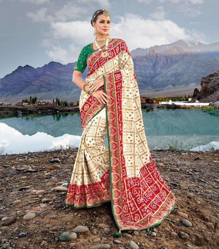 INDIAN DESIGNER KACHHI BEIGE BANDHEJ SILK SAREE FOR WEDDING BRIDAL PARTY WEAR SM MN 7302