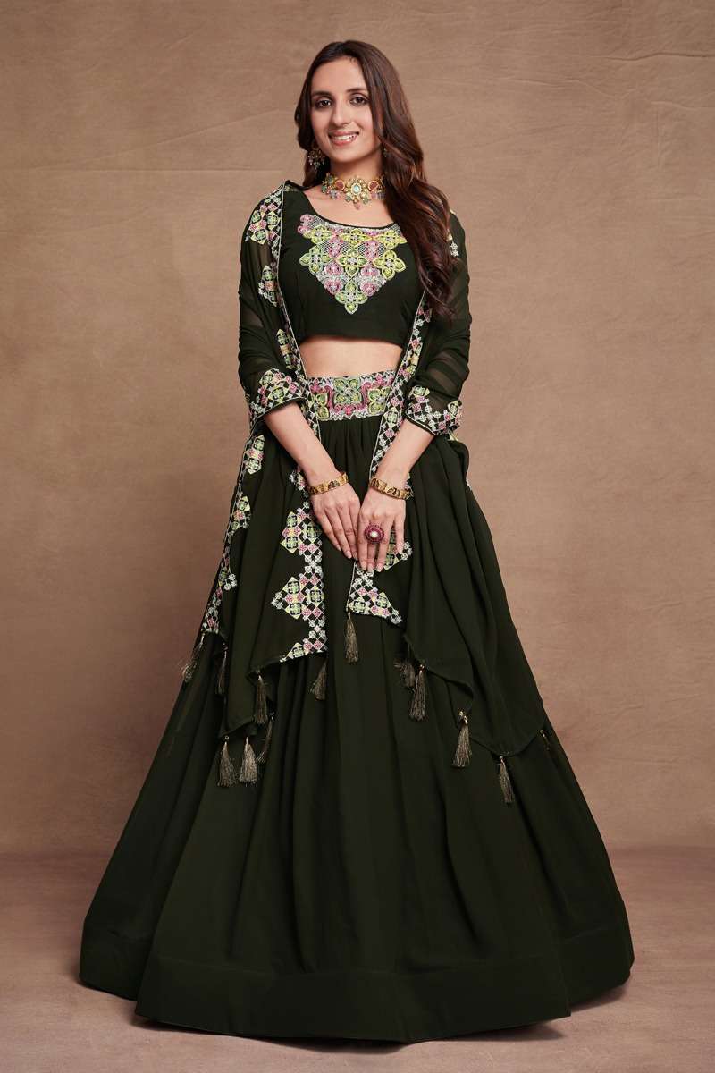 INDIAN DESIGNER PARTY WEAR DARK GREEN GEORGETTE LEHENGA WITH THREAD SEQUENCE JARI WORK AHVN GULKANYA 7301