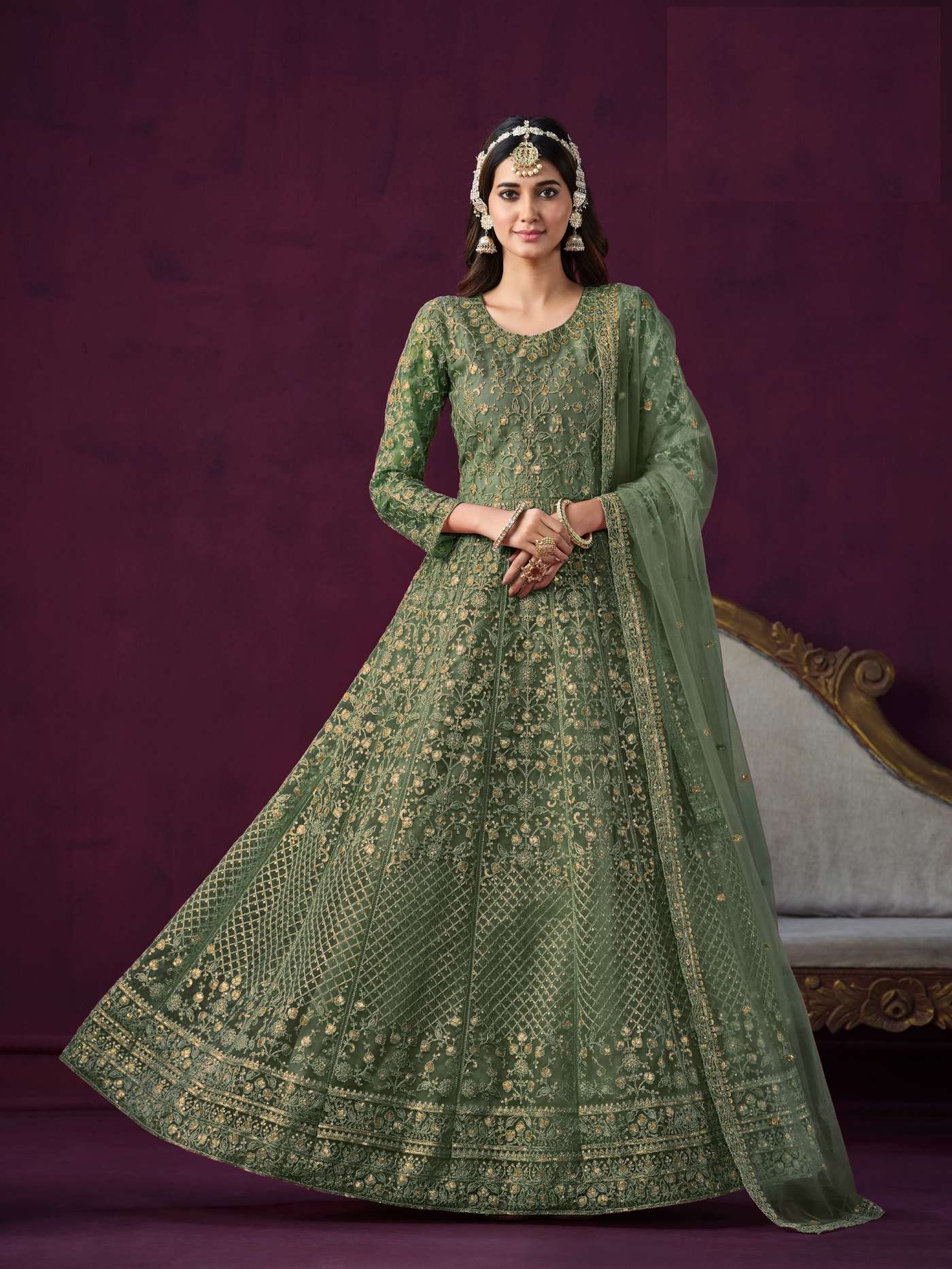 INDIAN DESIGNER PARTY WEAR GREEN ANARKALI SALWAR SUIT LONG GOWN IN HEAVY NET ANY 6902