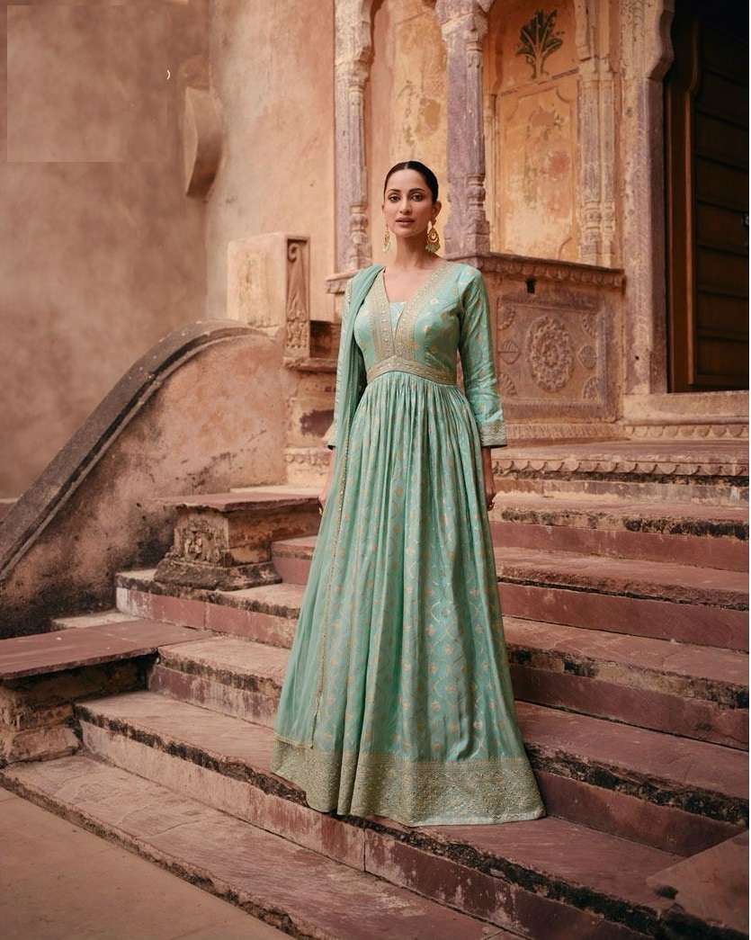 INDIAN DESIGNER PARTY WEAR GREEN ANARKALI SALWAR SUIT LONG JAQUARD SILK GOWN SY APSARA 5386