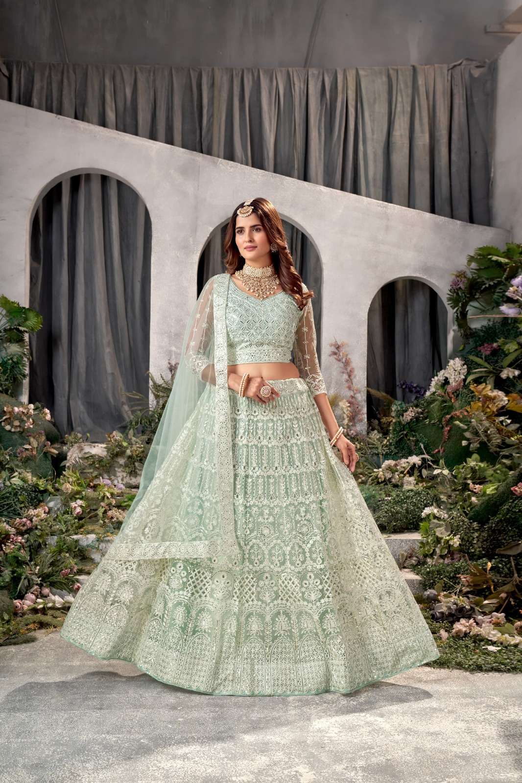 INDIAN DESIGNER PARTY WEAR GREEN ANARKALI SALWAR SUIT LONG GOWN IN HEAVY NET DST ZEEYA ISHANI 20003