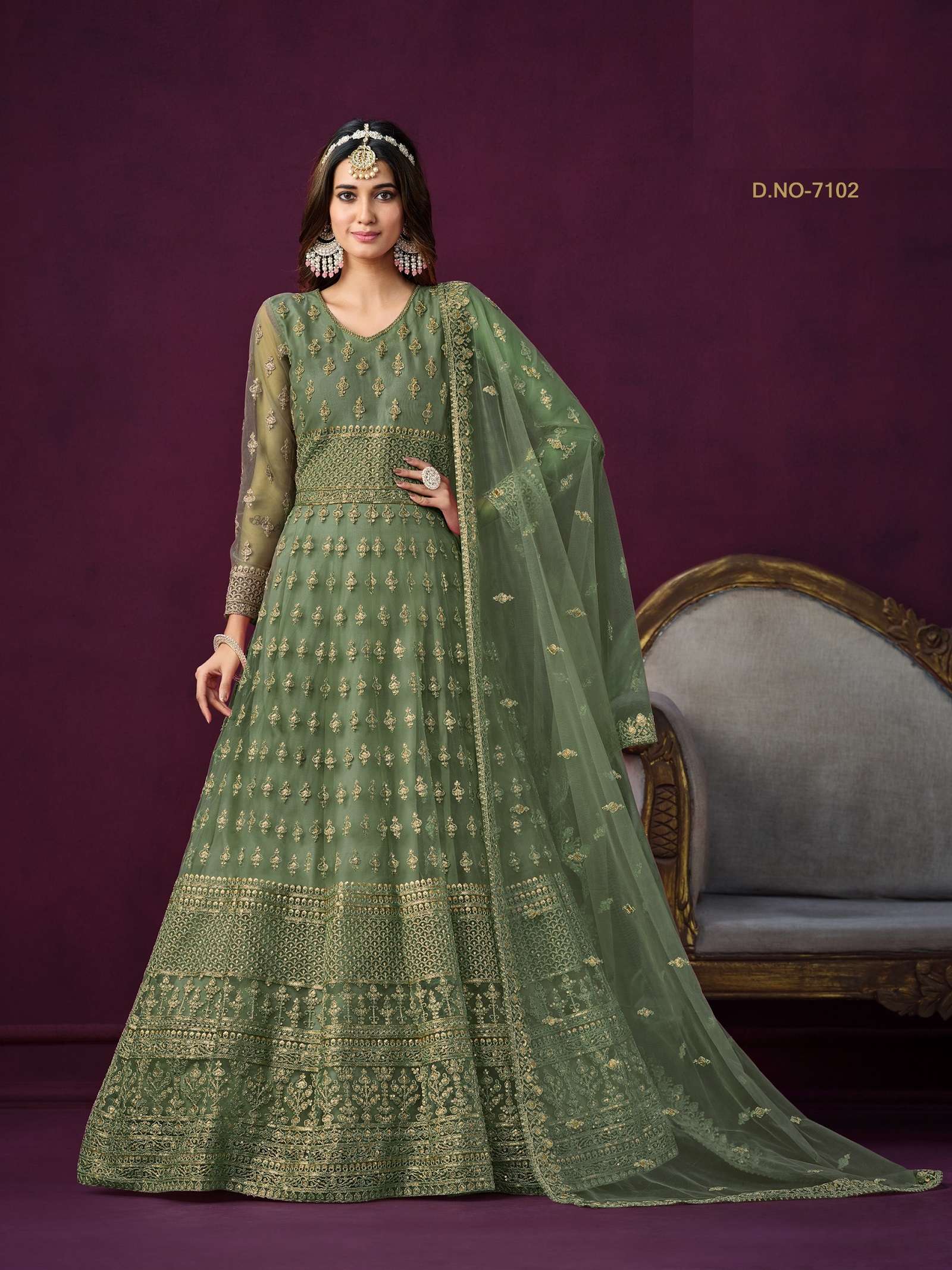 INDIAN DESIGNER PARTY WEAR GREEN ANARKALI SALWAR SUIT LONG GOWN IN HEAVY NET ANY 7102