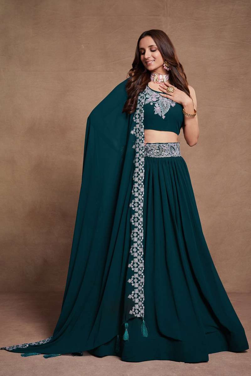 INDIAN DESIGNER PARTY WEAR GREEN GEORGETTE LEHENGA WITH THREAD SEQUENCE JARI WORK AHVN GULKANYA 7305