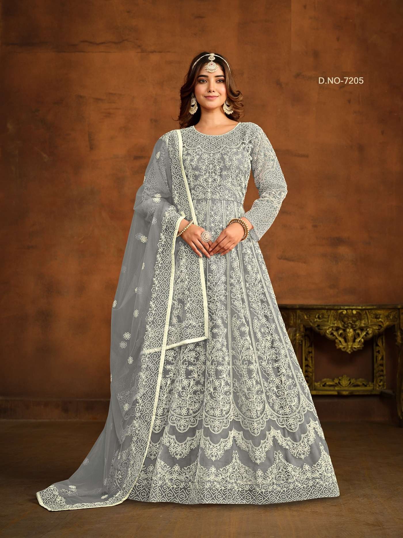 INDIAN DESIGNER PARTY WEAR GREY ANARKALI SALWAR SUIT LONG GOWN IN HEAVY NET ANY 7205