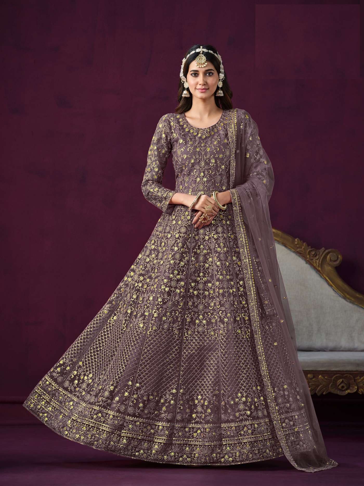 INDIAN DESIGNER PARTY WEAR LAVENDER ANARKALI SALWAR SUIT LONG GOWN IN HEAVY NET ANY 6903