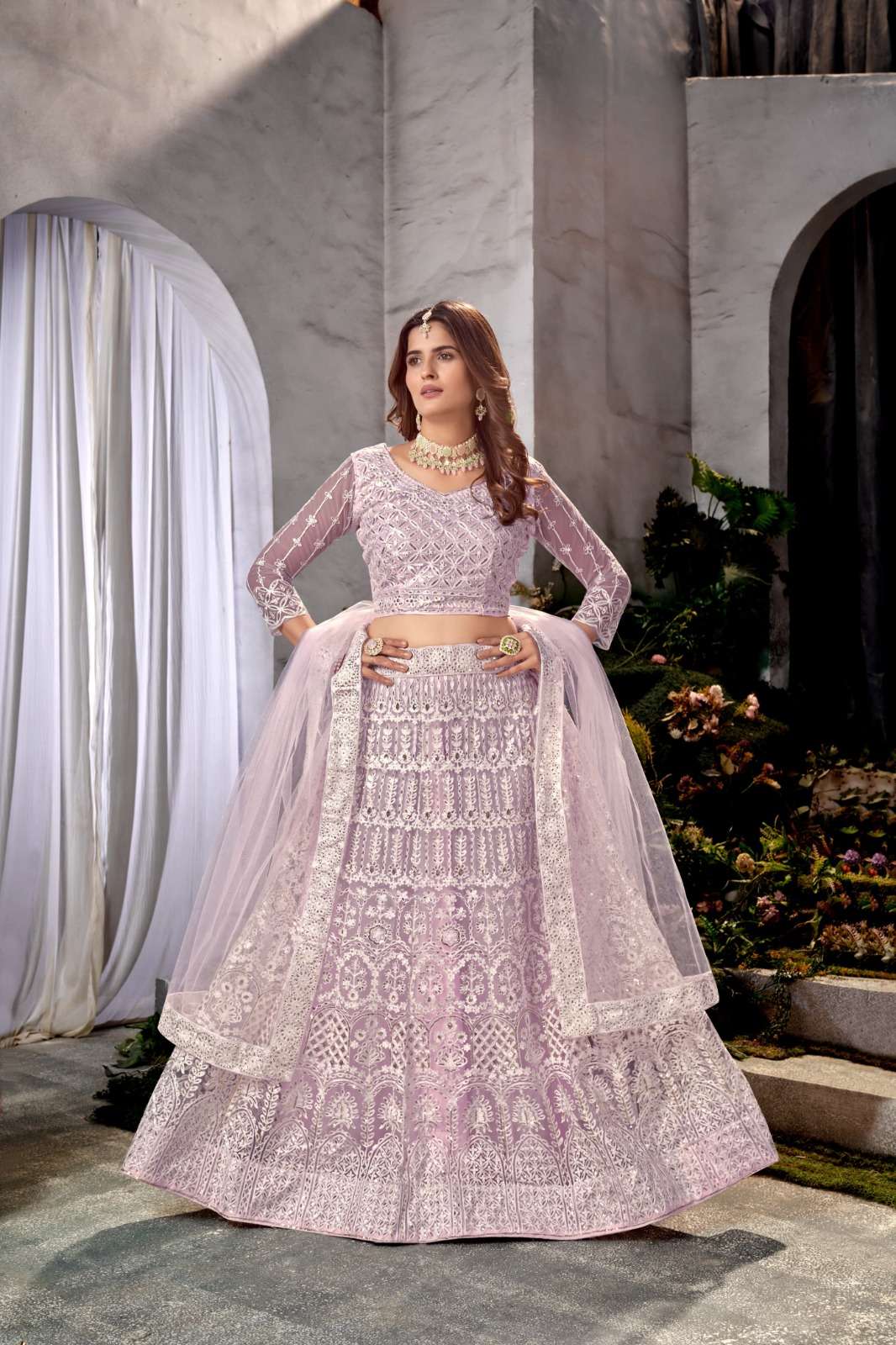 INDIAN DESIGNER PARTY WEAR LAVENDER ANARKALI SALWAR SUIT LONG GOWN IN HEAVY NET DST ZEEYA ISHANI 20001