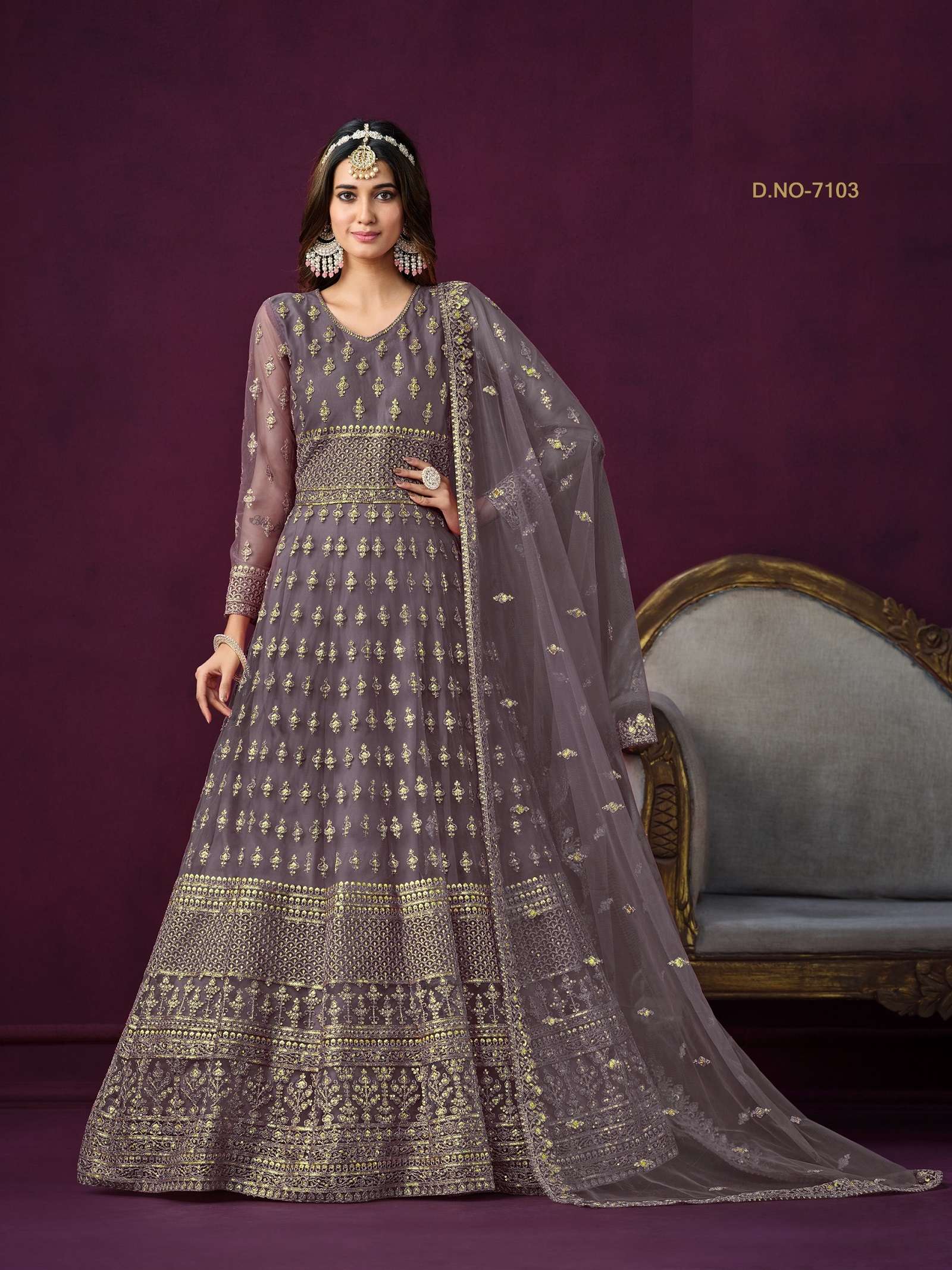 INDIAN DESIGNER PARTY WEAR LAVENDER ANARKALI SALWAR SUIT LONG GOWN IN HEAVY NET ANY 7103