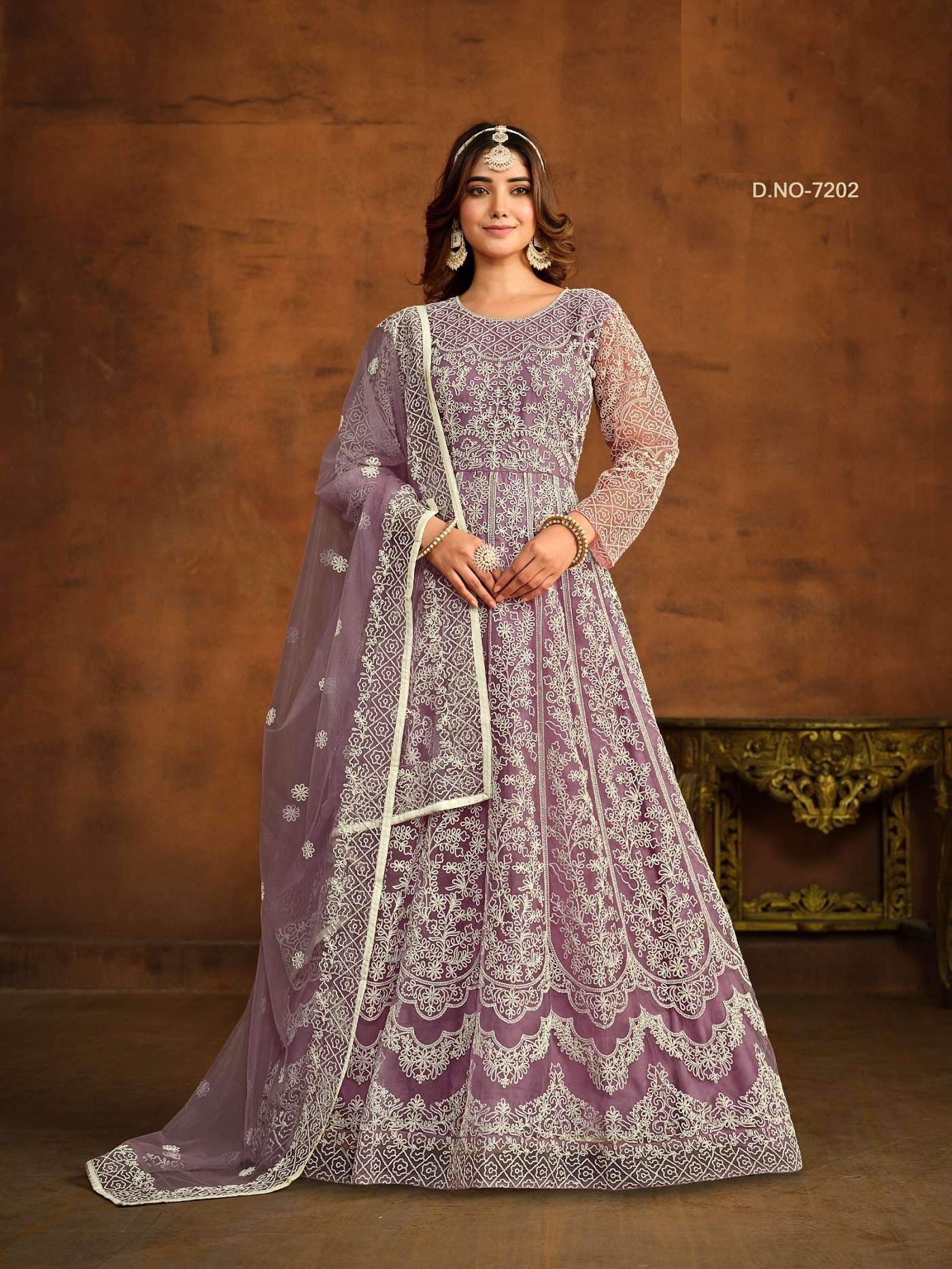 INDIAN DESIGNER PARTY WEAR LAVENDER ANARKALI SALWAR SUIT LONG GOWN IN HEAVY NET ANY 7202