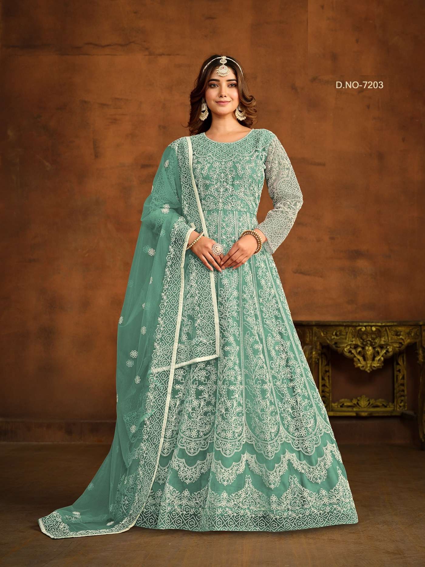 INDIAN DESIGNER PARTY WEAR MINT GREEN ANARKALI SALWAR SUIT LONG GOWN IN HEAVY NET ANY 7203