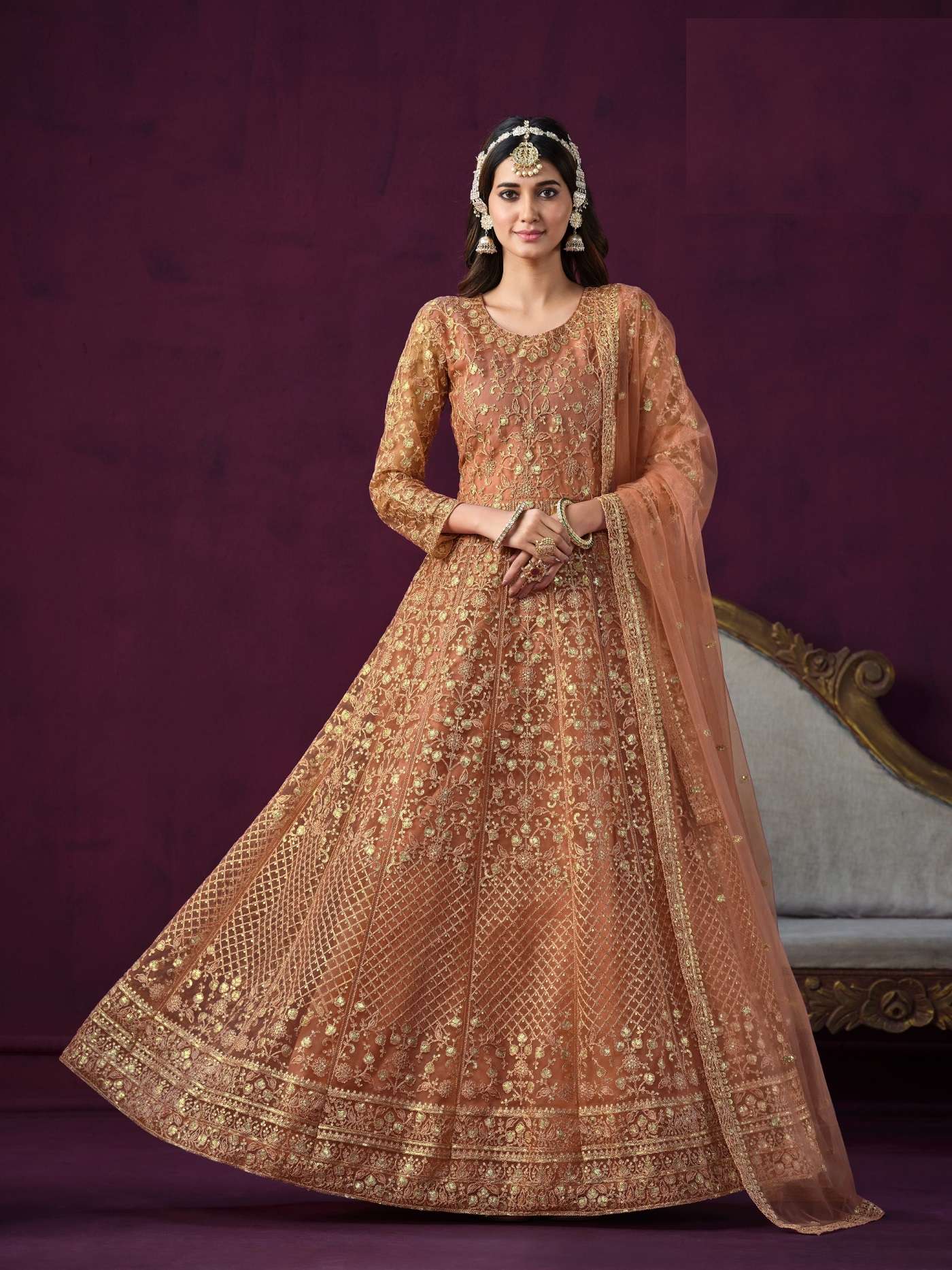 INDIAN DESIGNER PARTY WEAR ORANGE ANARKALI SALWAR SUIT LONG GOWN IN HEAVY NET ANY 6904