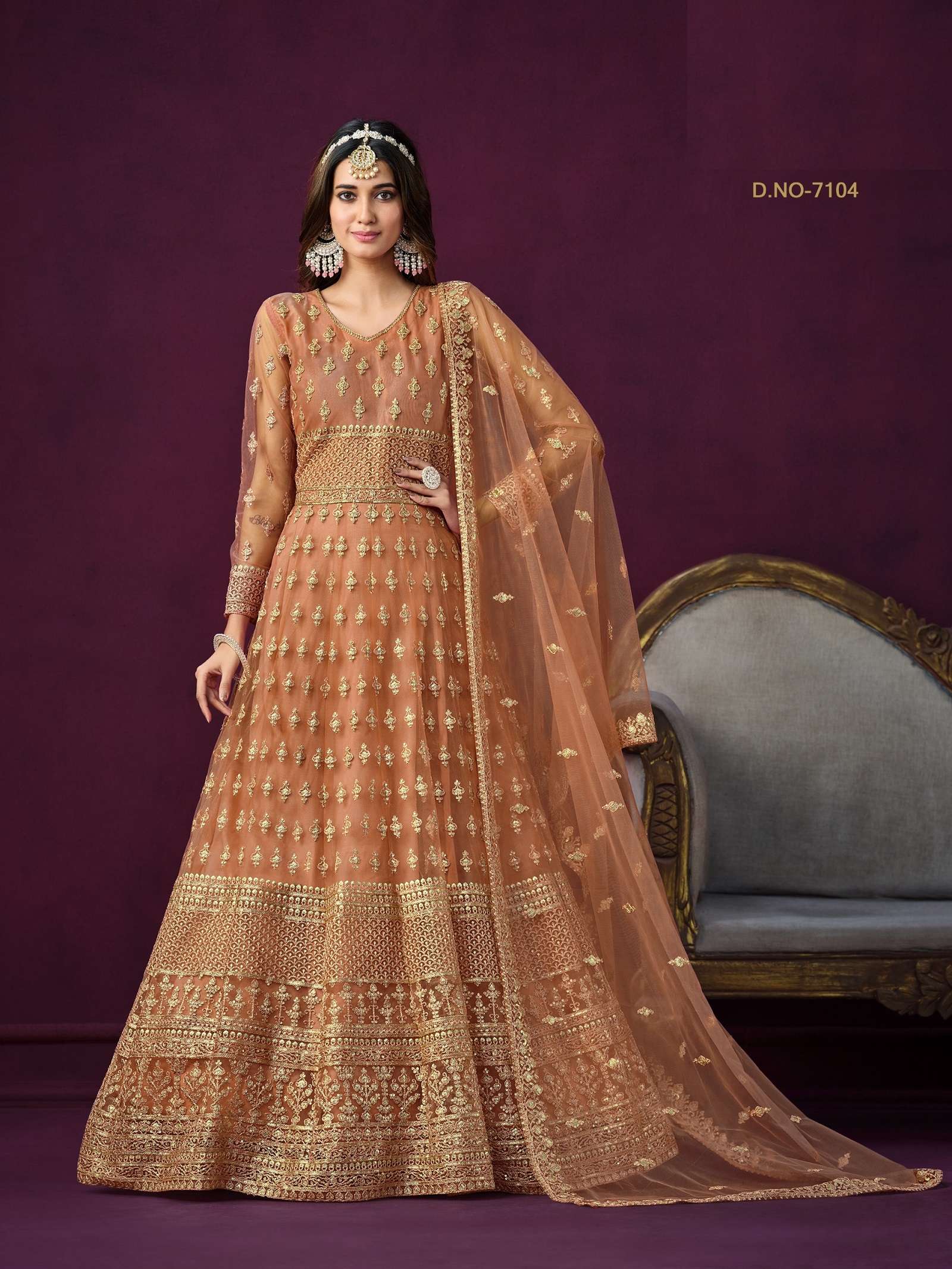 INDIAN DESIGNER PARTY WEAR ORANGE ANARKALI SALWAR SUIT LONG GOWN IN HEAVY NET ANY 7104