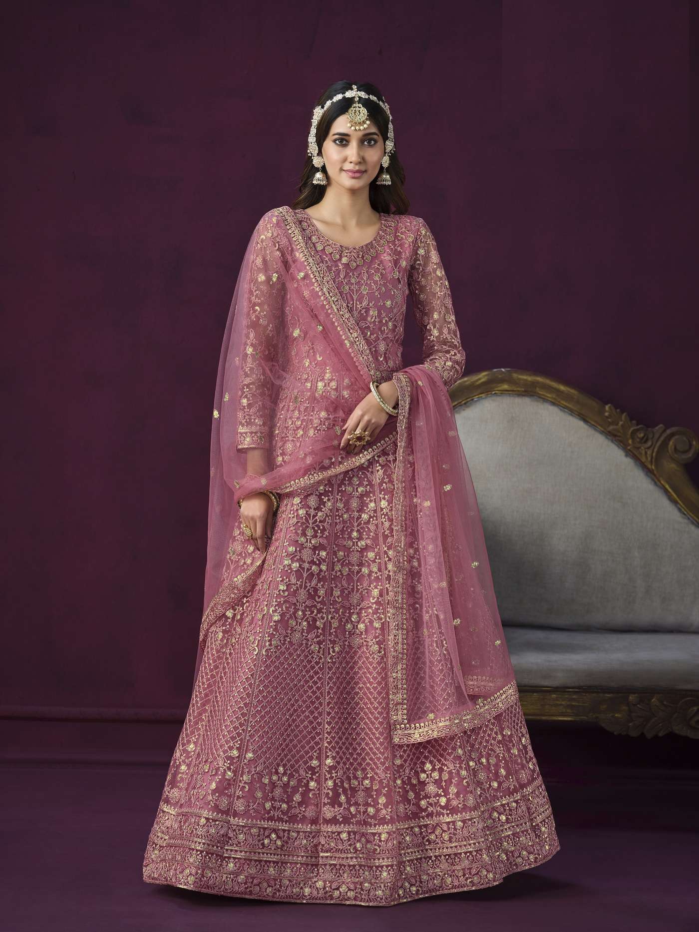 INDIAN DESIGNER PARTY WEAR PINK ANARKALI SALWAR SUIT LONG GOWN IN HEAVY NET ANY 6901