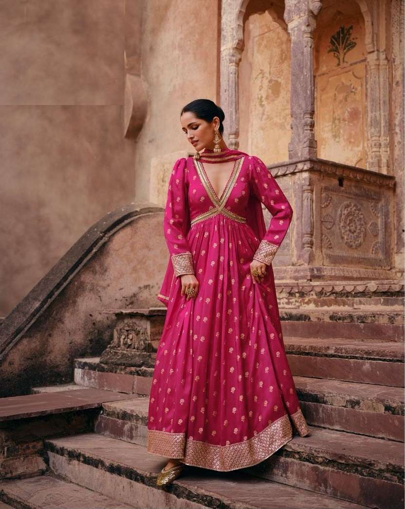 INDIAN DESIGNER PARTY WEAR PINK ANARKALI SALWAR SUIT LONG JAQUARD SILK GOWN SY APSARA 5385