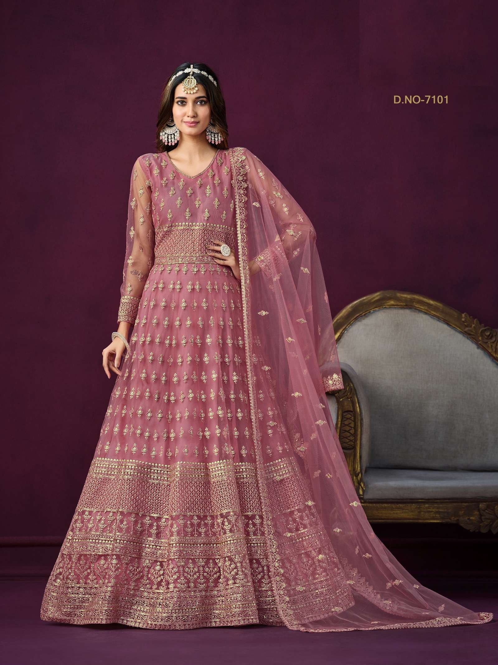 INDIAN DESIGNER PARTY WEAR PINK ANARKALI SALWAR SUIT LONG GOWN IN HEAVY NET ANY 7101