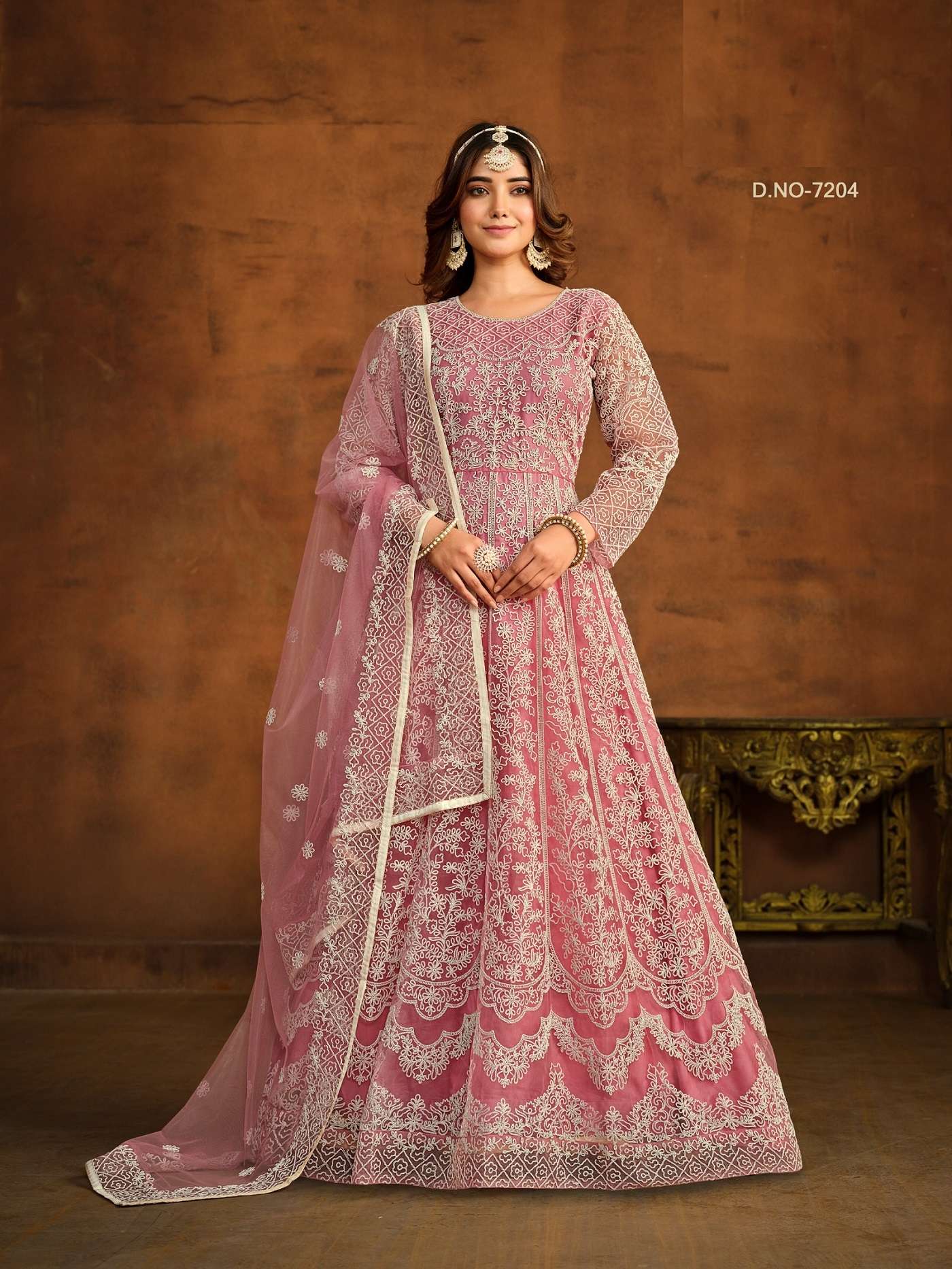 INDIAN DESIGNER PARTY WEAR PINK ANARKALI SALWAR SUIT LONG GOWN IN HEAVY NET ANY 7204