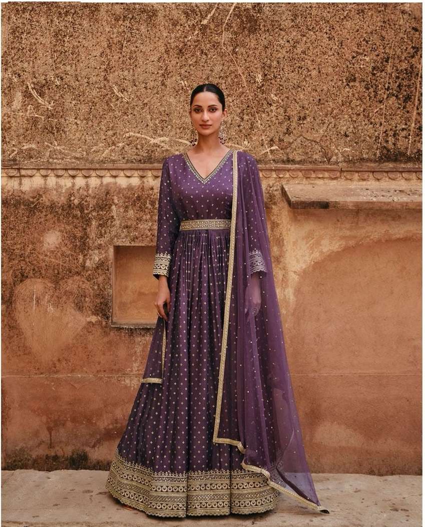 INDIAN DESIGNER PARTY WEAR PURPLE ANARKALI SALWAR SUIT LONG JAQUARD SILK GOWN SY APSARA 5387