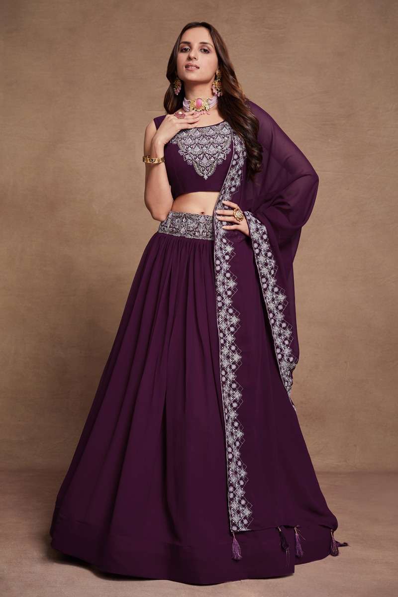 INDIAN DESIGNER PARTY WEAR PURPLE GEORGETTE LEHENGA WITH THREAD SEQUENCE JARI WORK AHVN GULKANYA 7304