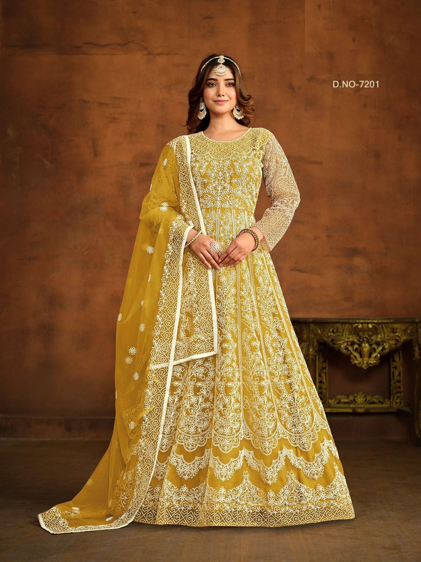 INDIAN DESIGNER PARTY WEAR YELLOW ANARKALI SALWAR SUIT LONG GOWN IN HEAVY NET ANY 7201